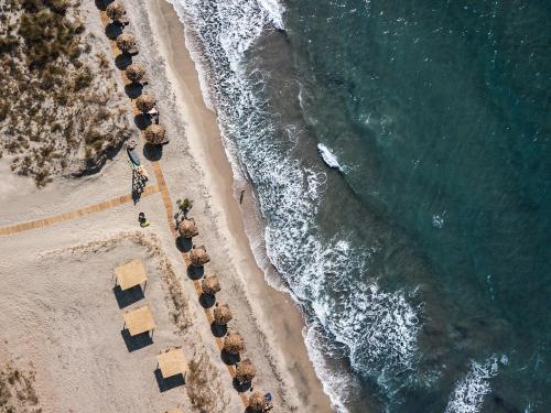 an overhead view of a beach with chairs and the ocean at OKU Kos in Marmari