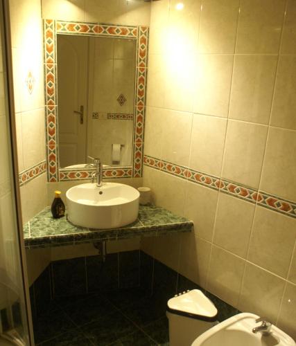 a bathroom with a sink and a toilet and a mirror at Affittacamere Villa Wilson in Rome