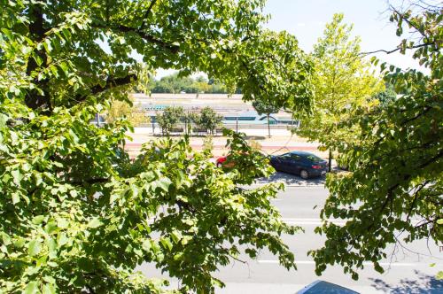 a view of a parking lot through trees at Apartment Riverside Gem in Novi Sad