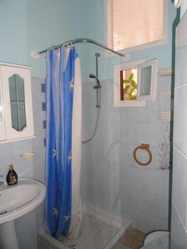 ポンツァにあるRifugio a Chiaiaのバスルーム(青いシャワーカーテン付きのシャワー付)