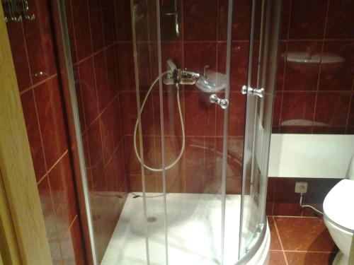 a shower stall in a bathroom with a toilet at Jaani 2 Apartment in Pärnu