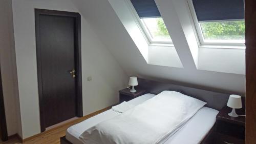 ザルネシュティにあるSura Pietrei Craiuluiのベッドルーム1室(ベッド1台、窓2つ付)