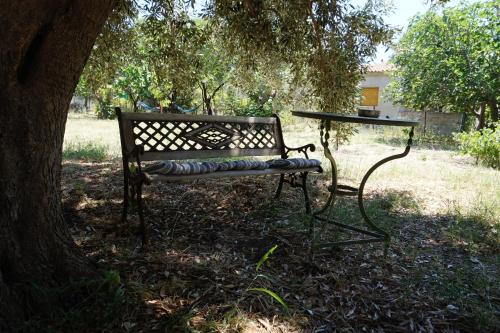 a bench and a table under a tree at Chalantra Residence in Skala Eresou