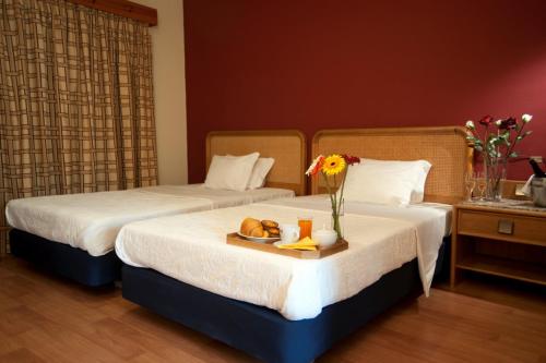 a hotel room with two beds with a tray of food at Ribeirotel in Albergaria-a-Velha