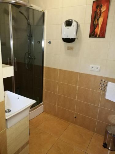 a bathroom with a shower and a sink at Gościniec Grek Zorba - pokoje i domki 4 osobowe - 16km od Zator Energylandia in Inwałd