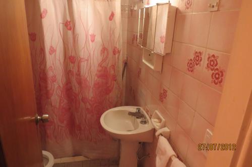 baño con lavabo y cortina de ducha en Hotel Carilo en Mar del Plata