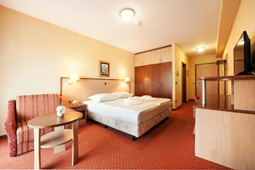 VeržejにあるTerme Banovci - Hotel Zeleni Gajのベッドとテーブルが備わるホテルルームです。