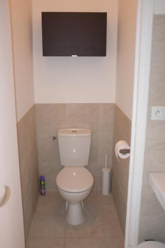 a small bathroom with a toilet and a sink at Villa Mons in Pontorson