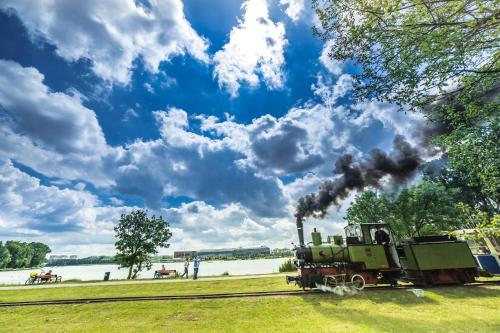 a steam train is on the tracks with black smoke at Novotel Poznań Malta in Poznań