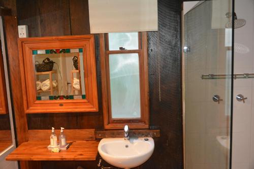 a bathroom with a sink and a mirror and a shower at Thulanathi - Rest Explore Reconnect in Pokolbin