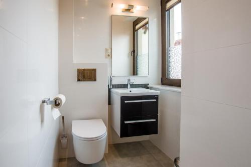 a bathroom with a sink and a toilet and a mirror at Apart Madryt in Tarnobrzeg