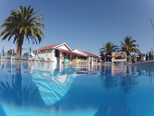 a swimming pool with palm trees and a building at Tria Adelphia in Arillas