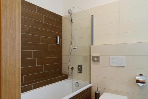 a bathroom with a shower and a tub and a toilet at Hotel Pavlov in Pavlov