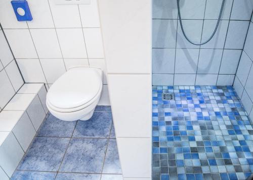 a bathroom with a toilet and a shower at Hotel Tum Stüürmann in Büsum