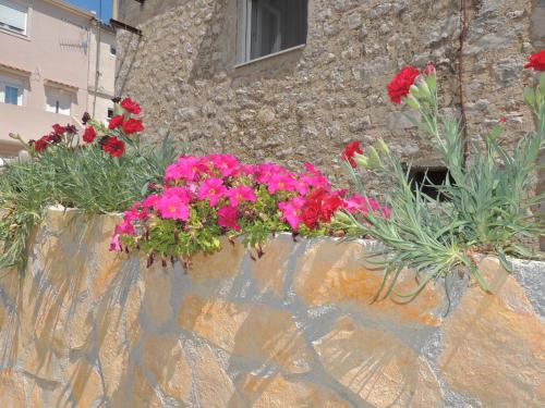 eine Steinmauer mit Blumen im Fenster in der Unterkunft Apartments Mile in Sveti Petar
