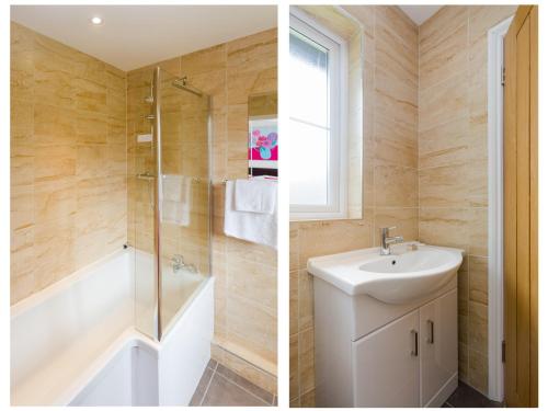 two pictures of a bathroom with a sink and a shower at 2 Suffolk Cottage, Knodishall in Aldringham