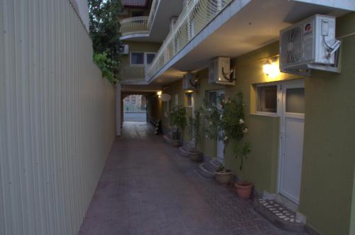an empty hallway of a building with potted plants at Pensiune Xe-Mar in Arad