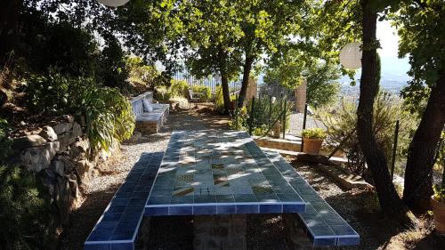 a blue bench sitting in the middle of a path at Villa Lucrezia in Reggello