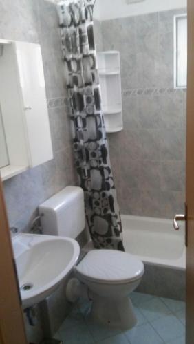 a bathroom with a toilet and a sink and a shower curtain at Apartments Mesec in Igrane