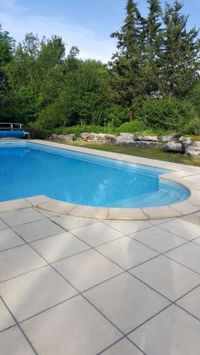 une piscine avec de l'eau bleue dans une cour dans l'établissement Gite de Souilhol, à Issendolus