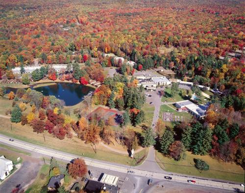 an aerial view of a town with trees and a lake at Paradise Stream Resort in Cresco