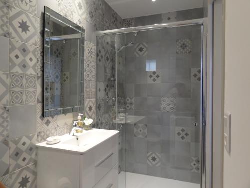 a bathroom with a shower and a sink and a mirror at La Bastido in Arles