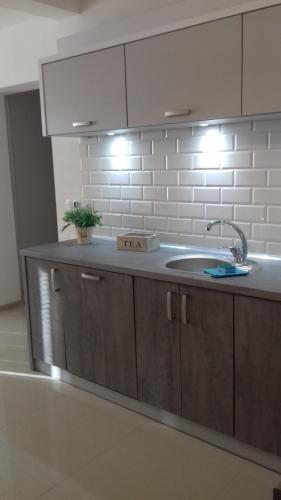 a kitchen with a sink and a white brick wall at Apartamenty "u Jasia" I in Darlowko