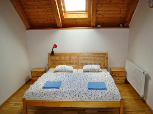 1 dormitorio con 1 cama con 2 almohadas azules en Pension Charlie Retro-Modern Design en Praga