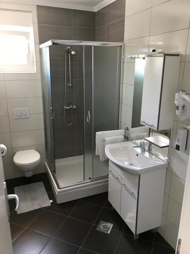a bathroom with a shower and a sink and a toilet at Apartments Kuk in Šilo
