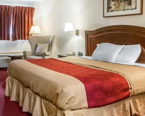 a hotel room with a large bed and a chair at Econo Lodge in Holland