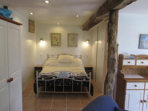 ein Schlafzimmer mit einem Bett in einem Zimmer in der Unterkunft Le Petit Lavoir in Saint-Paul-Lizonne