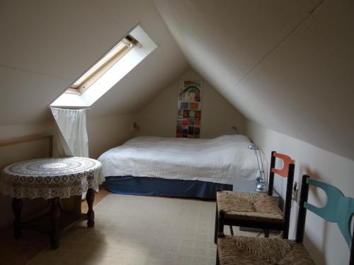 een slaapkamer op zolder met een bed en een dakraam bij Natuurhuisje Silverhuys in Oosterstreek
