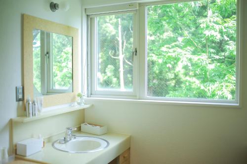 a bathroom with a sink and a window at Muikamachi Hutte in Minami Uonuma
