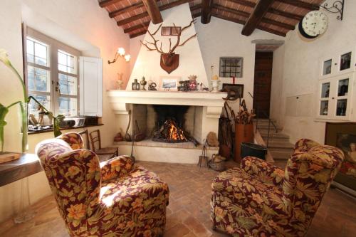 a living room with two chairs and a fireplace at Fonte di Zeno in Marciana