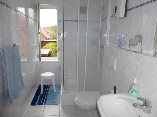 een badkamer met een toilet, een wastafel en een douche bij Appartement Stader Str. 3 in Cuxhaven