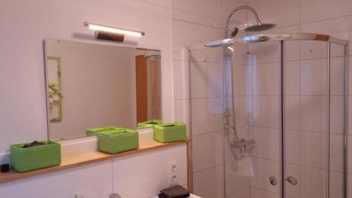 TholeyにあるFerienwohnung Auszeitのバスルーム(シャワー、緑のバスケット2つ付)