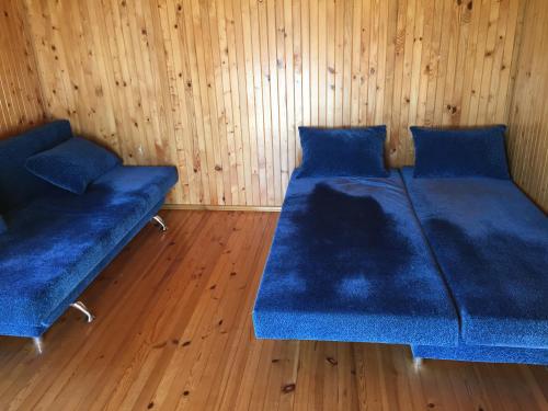 2 niebieskie łóżka w pokoju z drewnianą podłogą w obiekcie Antano Razgaus kaimo turizmo sodyba w mieście Płotele