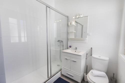 La salle de bains blanche est pourvue d'une douche et de toilettes. dans l'établissement LovelyStay - Bonsai Light and Comfort flat, à Lisbonne