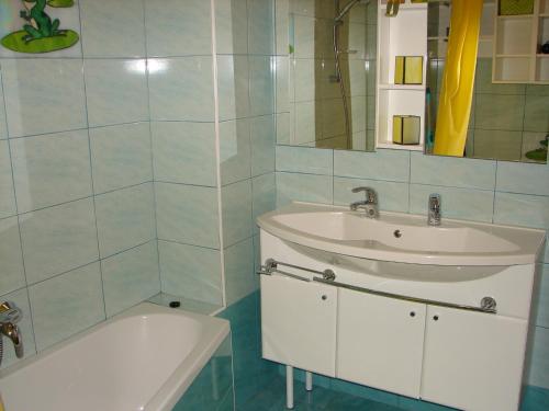 La salle de bains est pourvue d'un lavabo et d'une baignoire. dans l'établissement Apartma Veverin, à Lokve
