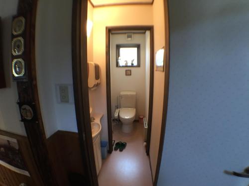a small bathroom with a toilet and a cat on the floor at Pension Jokura in Hakodate