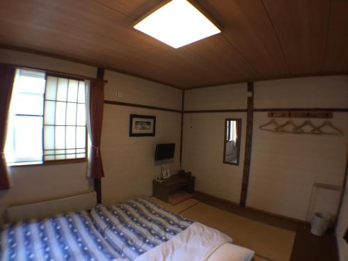 a bedroom with a bed and a light on the ceiling at Pension Jokura in Hakodate