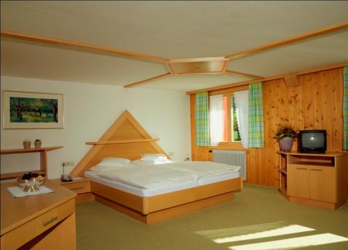 a bedroom with a bed and a tv in it at Gasthof Taube in Bizau