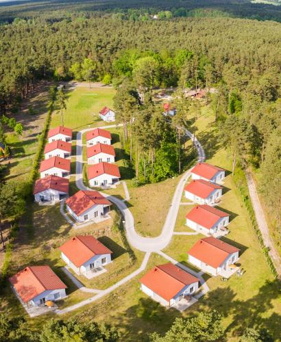 an aerial view of a row of houses with a road at Seepark Wolfswinkel in Storkow