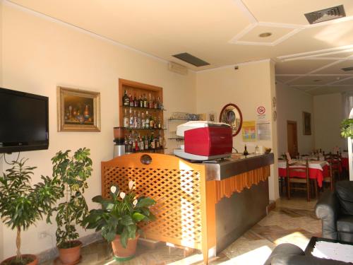 a restaurant with a bar with plants in a room at Hotel Reginella in SantʼAgata sui Due Golfi