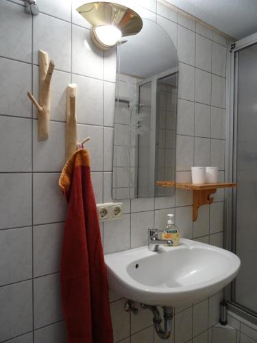 a bathroom with a sink and a red towel at Ferienwohnung BogenTenne in Eußenheim