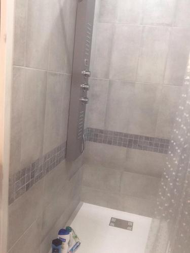 une salle de bain avec une douche avec un rideau de douche dans l'établissement Très bel appartement 55 m2, à La Rochelle