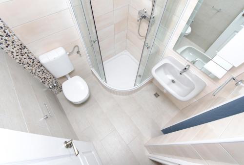 a bathroom with a shower and a toilet and a sink at Villa Bougenvilia Tomas in Tučepi