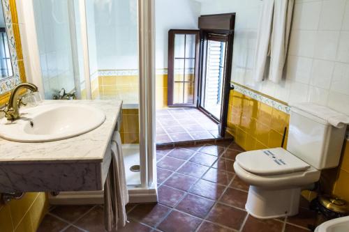 uma casa de banho com um lavatório, um WC e um chuveiro em Aparthotel Rural 12 Caños em Galaroza