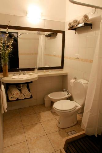 a bathroom with a toilet and a sink and a mirror at Los Merinos in Bahía Blanca