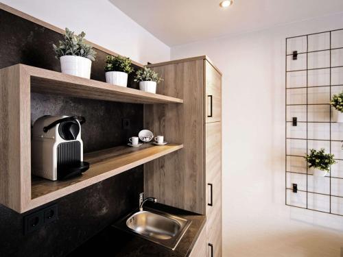 a kitchen with a sink and shelves with plants at alexxanders Hotel & Boardinghouse, Restaurant in Chemnitz
